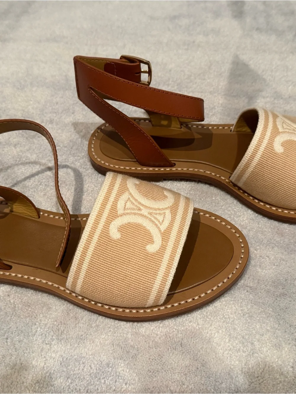 CELINE Lympia Triomphe Canvas Sandals Tan Leather Ankle Strap 8.5 / 38.5